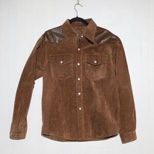 Vtg Mens Western Leather Pearl Snap Shirt Jacket Medium Small Emboss Yoke Brown